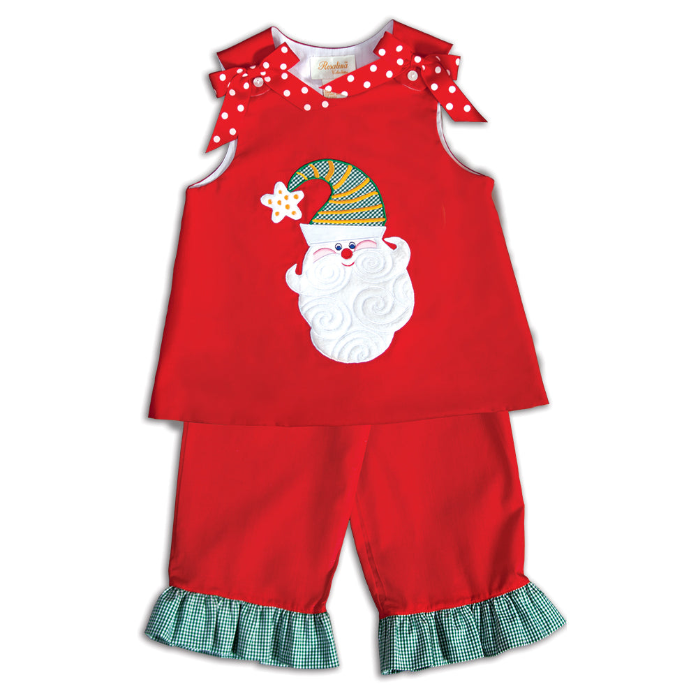 Swirly Beard Santa Red & Green Ruffled Blouse & Pants 16H 5891 BP2