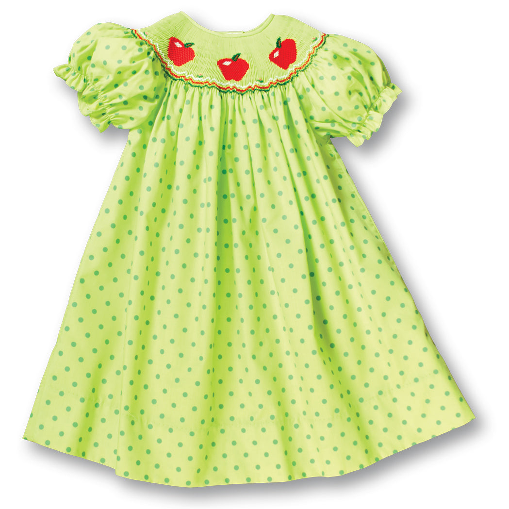 3 Apples Apple Green Polka Dot Smocked Bishop 17F 5994 A