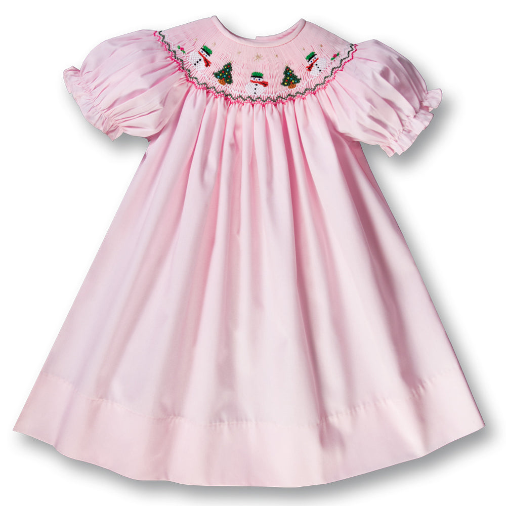 Snowmen & Christmas Trees Pink Smocked Bishop 17H 5997 A