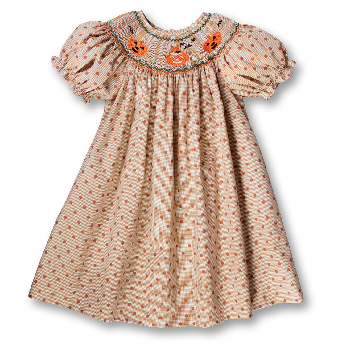 Jack-o'-lanterns Brown Gingham Polka Dot Smocked Bishop 17F 6064 A