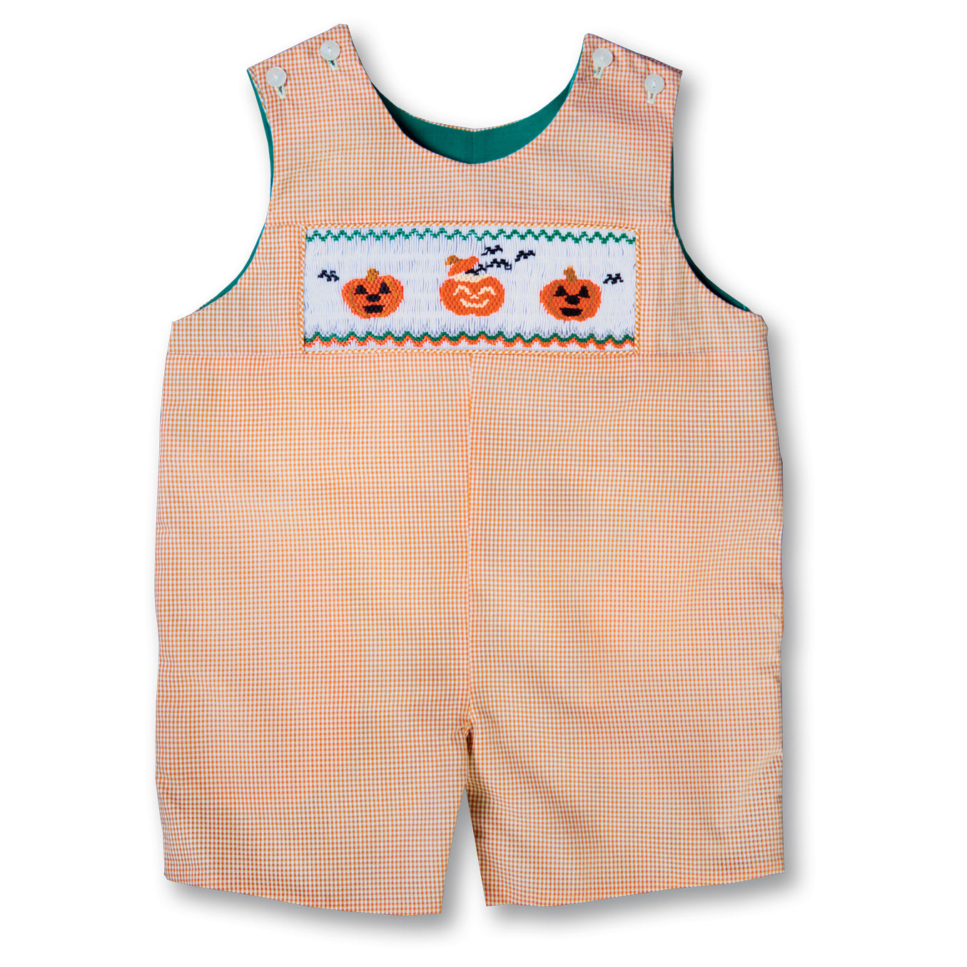 Jack-o'-lanterns & Bats Beige Gingham Reversible Smocked Romper 17F 6064 R