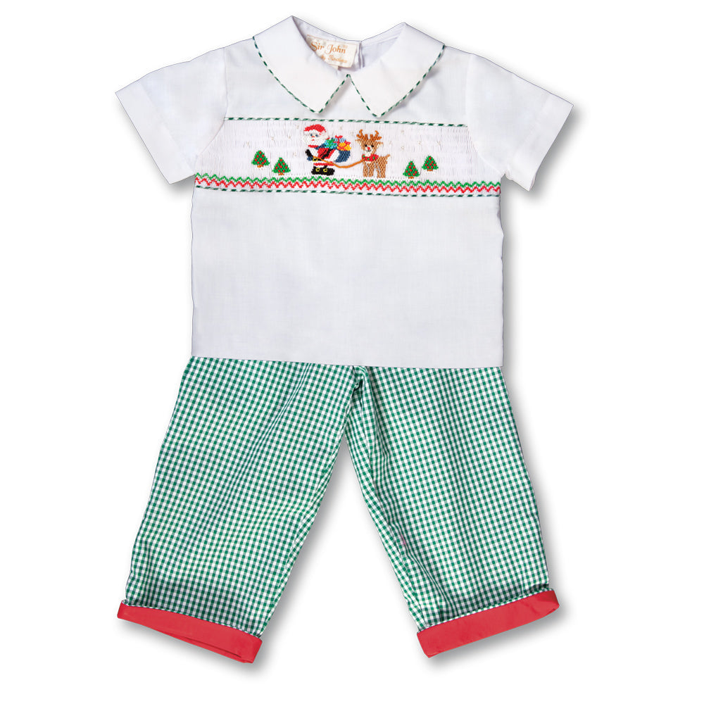 Santa & Rudolph White Green Gingham Smocked Shirt/Pants 17H 6096 SP