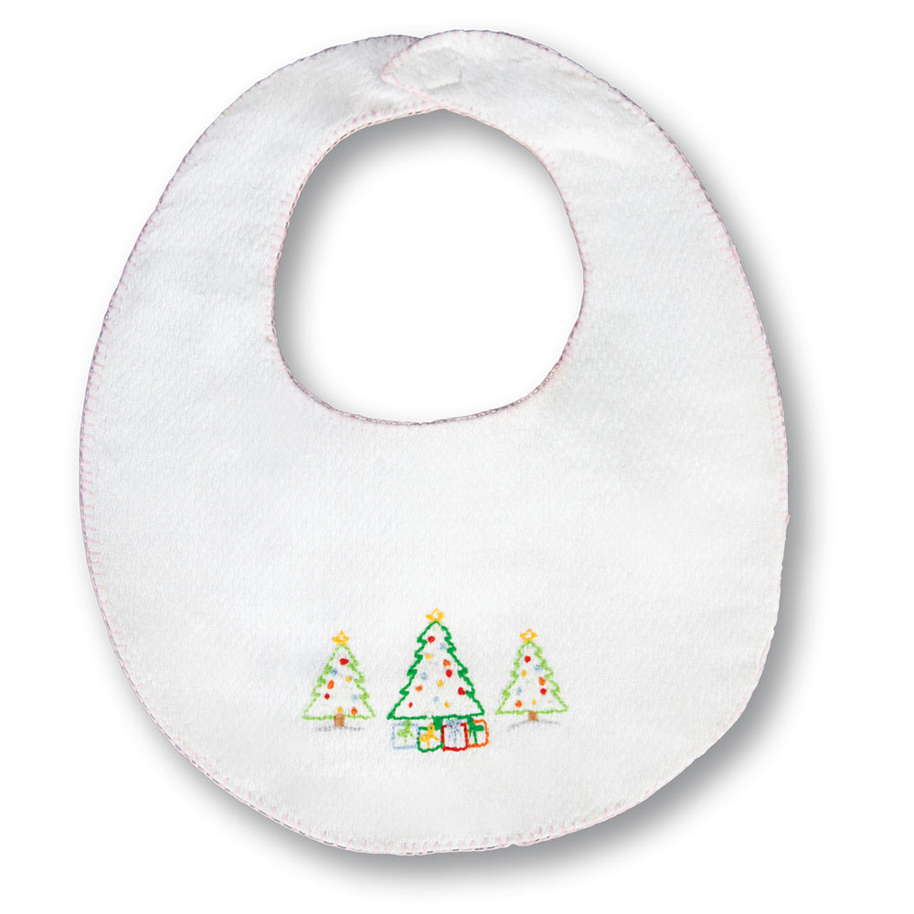 Christmas Trees White with Pink Trim Embroidered Birdseye Bib 17H 6106 BIB PK