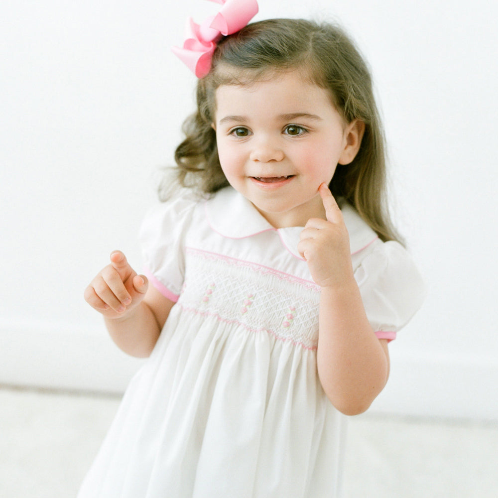 Sarah Off White Pink English Smocked Baby Dress