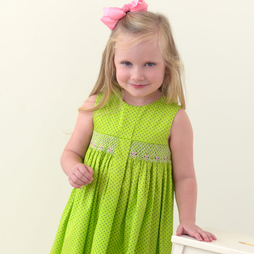 Kady Apple Green Grey Dot English Smocked Pleated Sundress 18SU 6137 SD