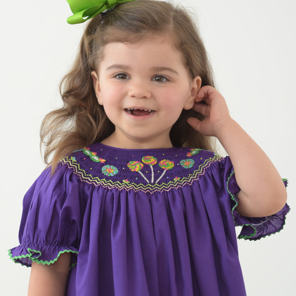 Mardi Gras Lollipops & Masks Dark Purple Smocked Bishop w/RicRac 18SP 6257 A