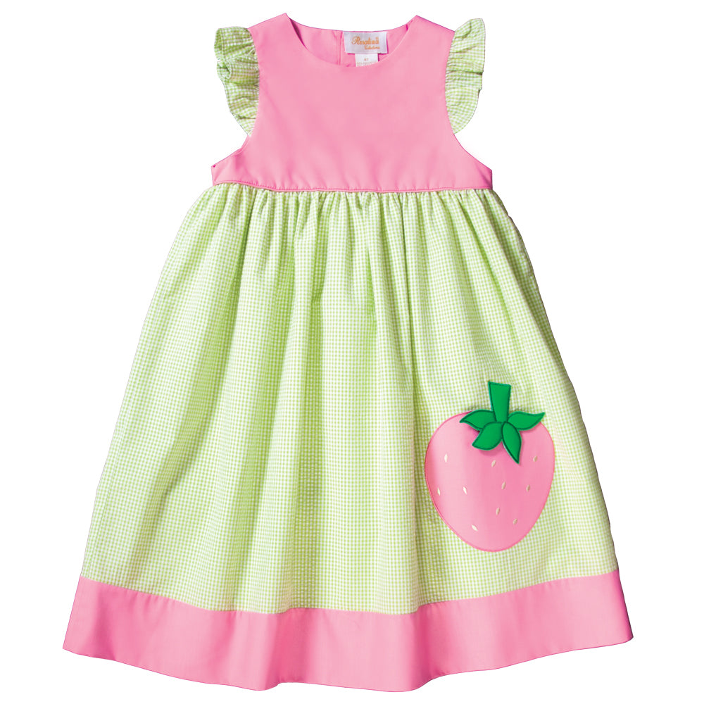 Md. Pink Strawberry Applique Apple Green Gingham Seersucker Sundress 19SU 6465 SD