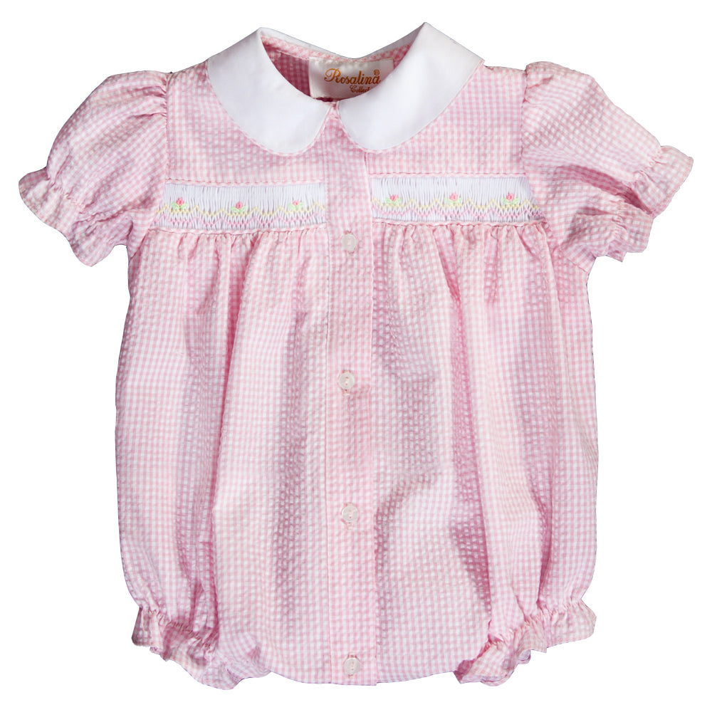 Pink Gingham Seersucker English Smocked Girl Bubble Rosalina Baby