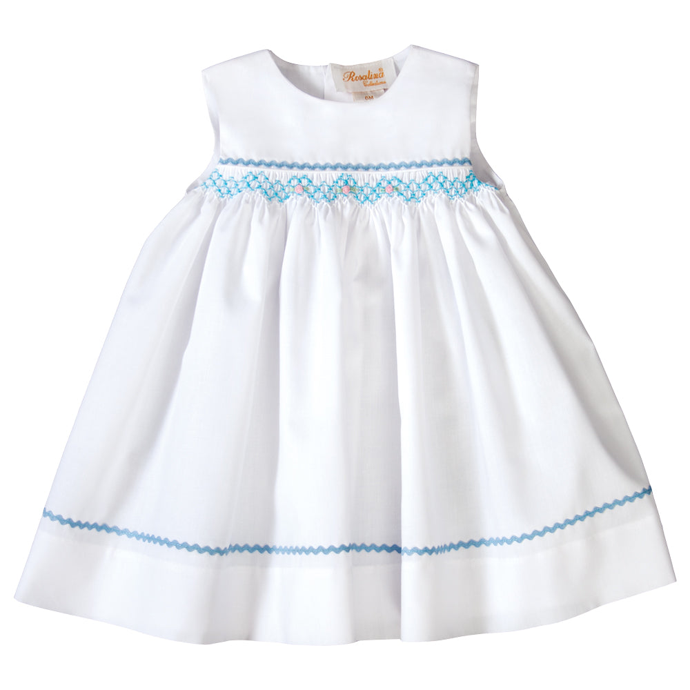Amelia White Sundress with Blue English Smocking and RicRac 19SU 6554 SD BL