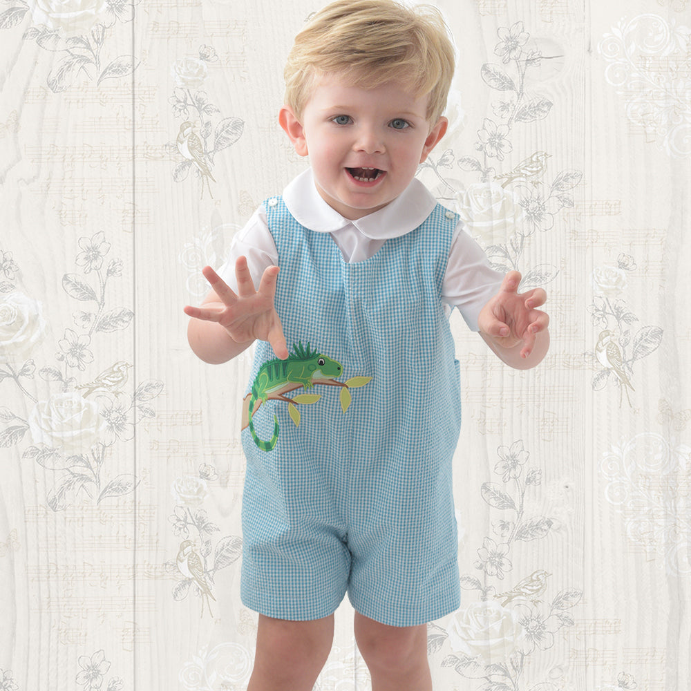 Iguana Applique Turquoise Gingham Seersucker Romper 19SU 6580 R