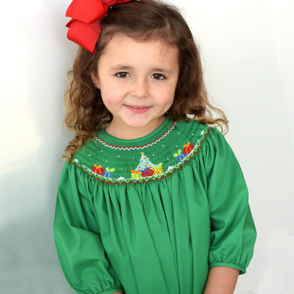 Christmas Tree w/Presents Smocked Green Bishop 3/4 Cap Sleeves 19H 6618 A
