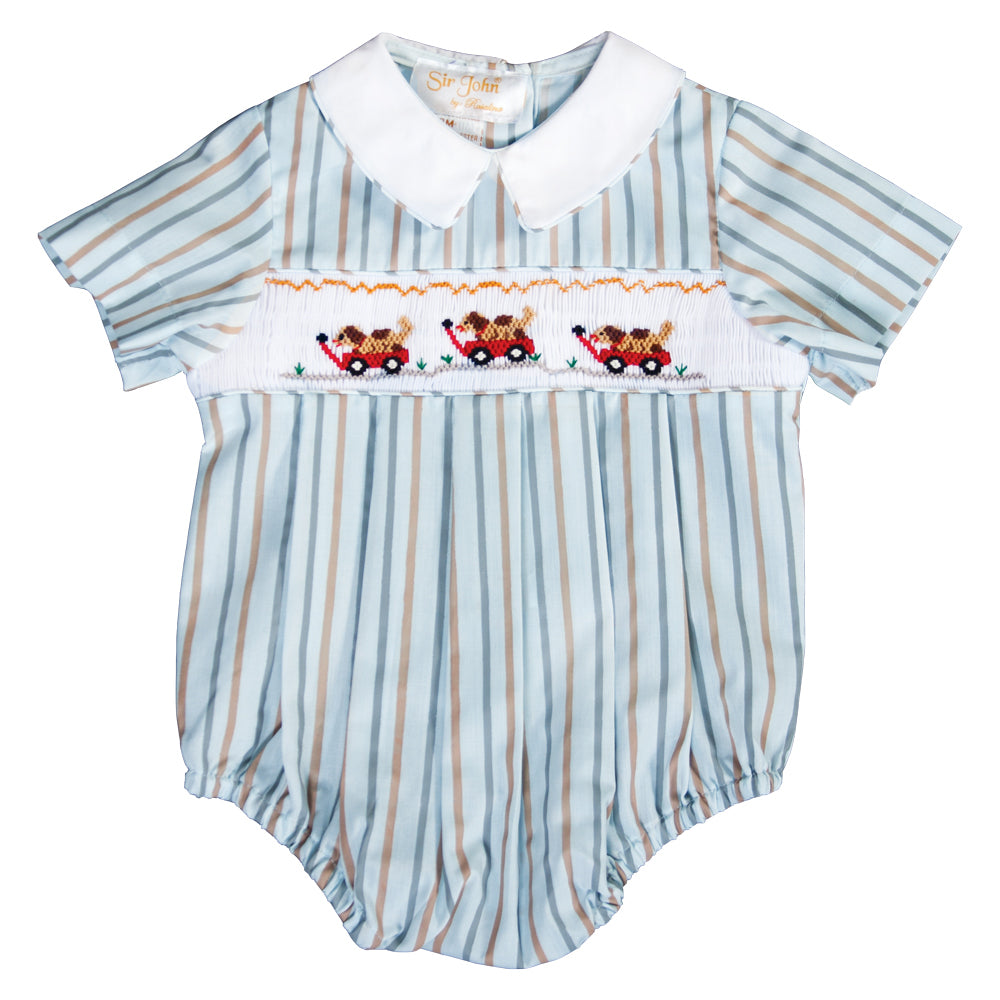 Rover Red Wagon Blue Striped Smocked Boy Bubble 19F 6642 BUB