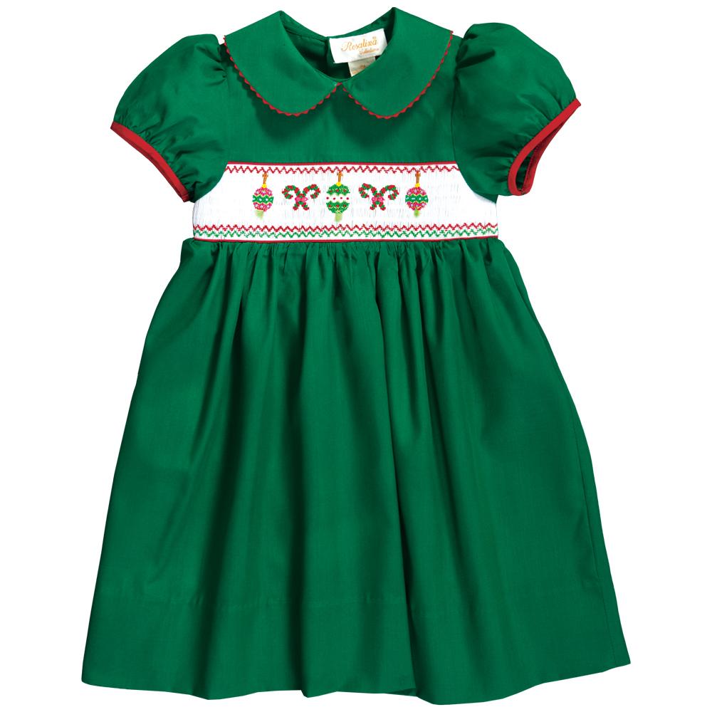 Christmas Ornaments & Candy Canes Smocked Forest Green Baby Dress w/Ca Rosalina Baby Boutique Christmas Ornaments & Candy Canes Smocked Forest Green Baby Dress w/Ca Rosalina Baby Boutique