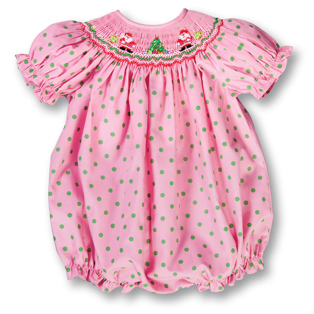 Santa Twins Med. Pink w/Green Dots Smocked Girl Bubble 17H 7001 BUG