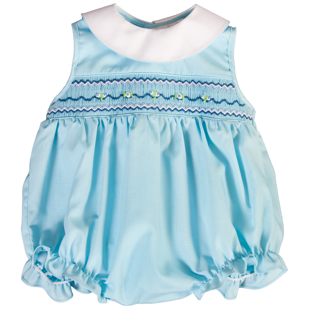 Maya Blue English Smocked Girl Bubble w/White Rounded Collar 18SU 7027 BUG