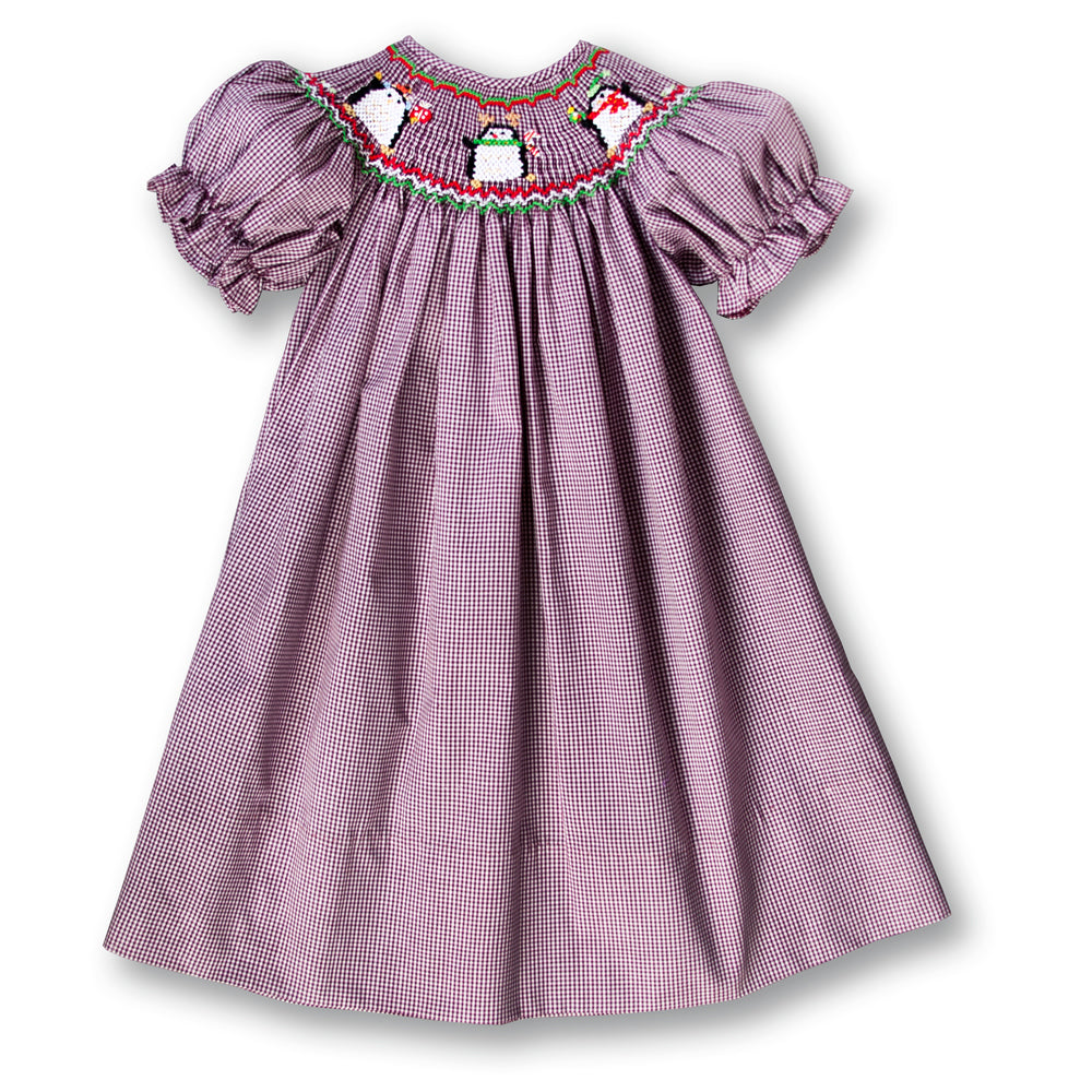 Holiday Penguins Berry Gingham Smocked Bishop FO 3765