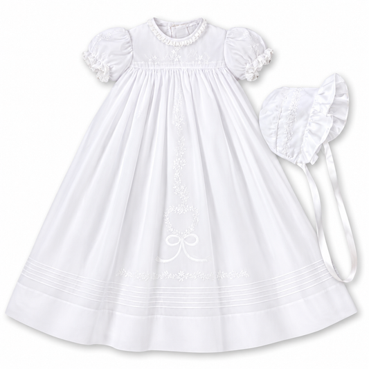 Heart & Bow White Christening Gown with Bonnet & Slip