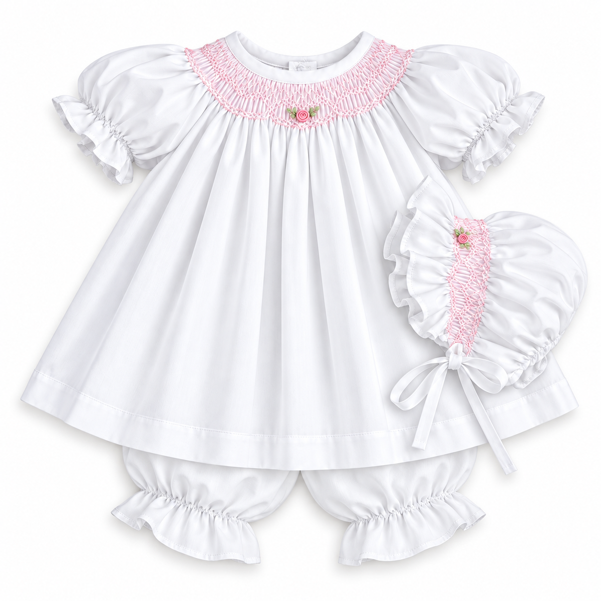 White with Pink Roselle Smocked Doll Dress w/opt. Bonnet