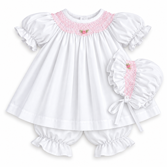 White with Pink Roselle Smocked Doll Dress w/opt. Bonnet