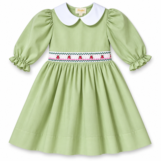 Elena Moss Green 3/4 Sleeve Smocked Baby Dress w/Peter Pan Collar