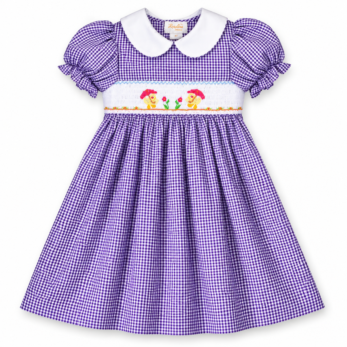 Umbrella Ducks Purple Gingham Smocked Dress w/Collar & Sash