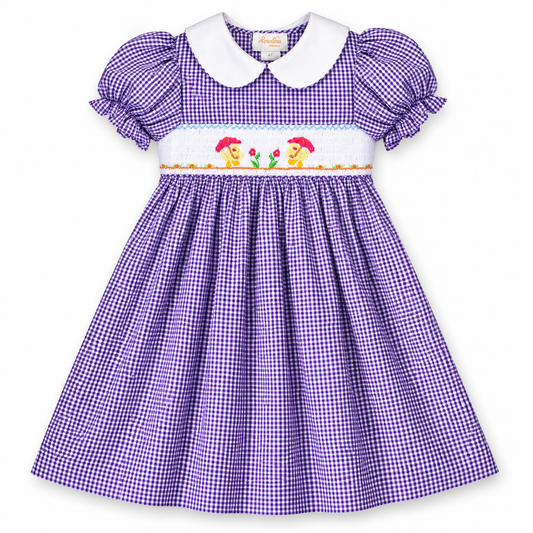 Umbrella Ducks Purple Gingham Smocked Dress w/Collar & Sash
