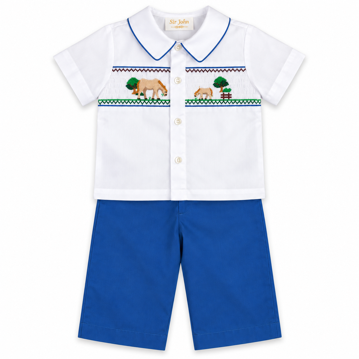 Grazing Horses Royal Blue/White Smocked Pants Set