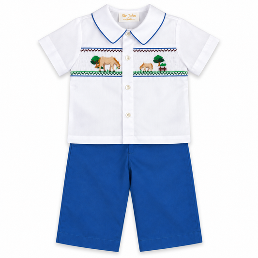 Grazing Horses Royal Blue/White Smocked Pants Set