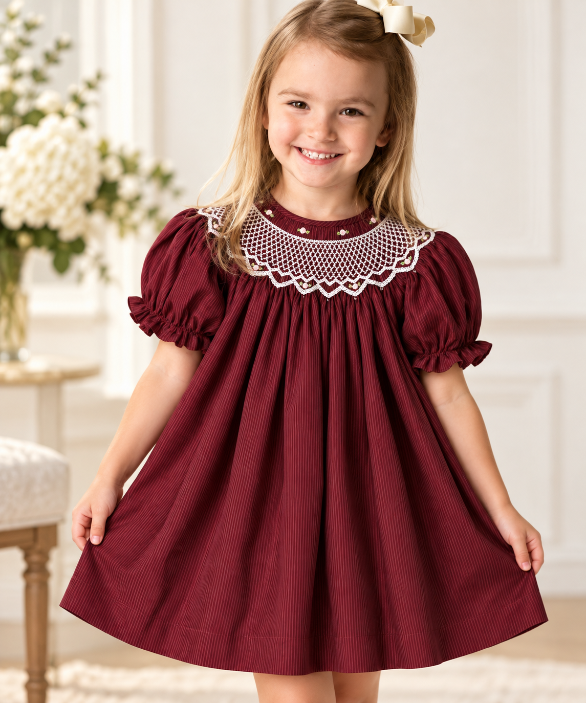 Maroon Pinstripe English Smocked Bishop