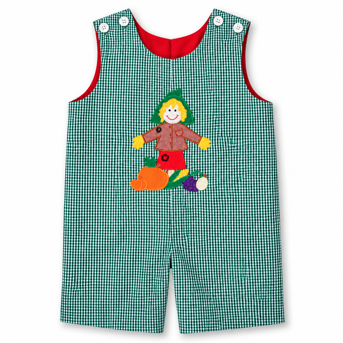 Scarecrow Green Gingham Applique Reversible Romper