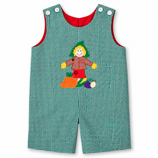 Scarecrow Green Gingham Applique Reversible Romper