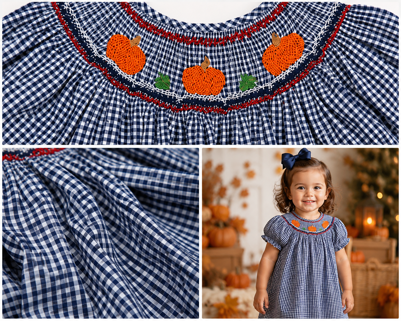 Pumpkin Smocked Navy Gingham Bishop Dress #10038A