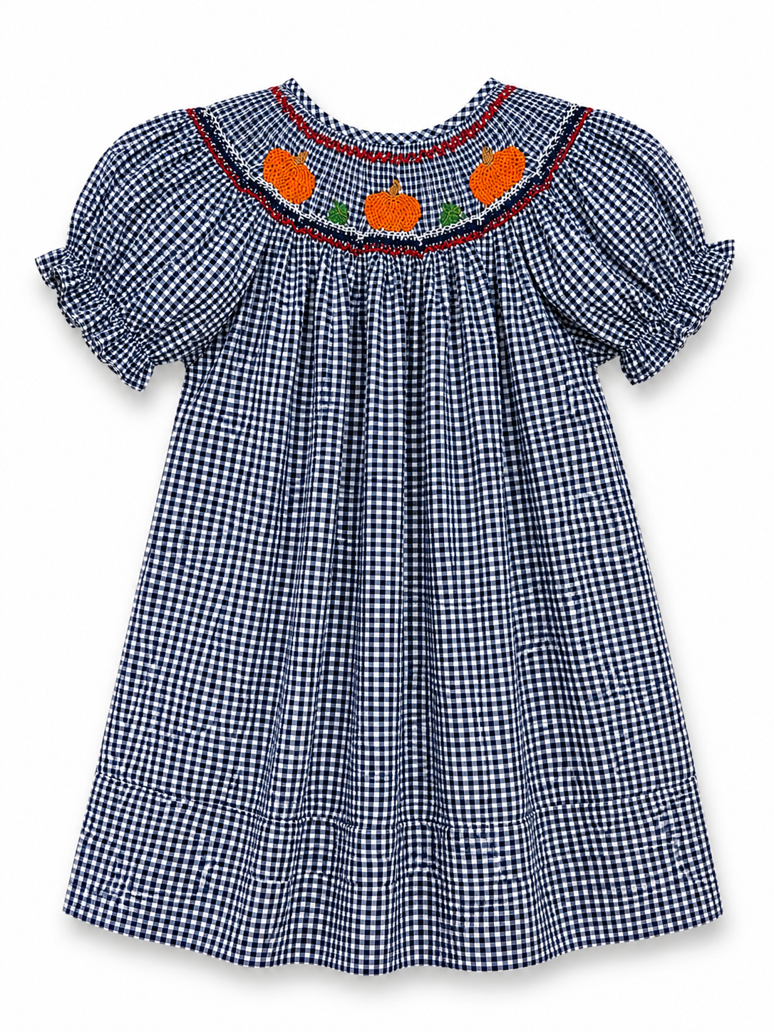 Pumpkin Smocked Navy Gingham Bishop Dress #10038A