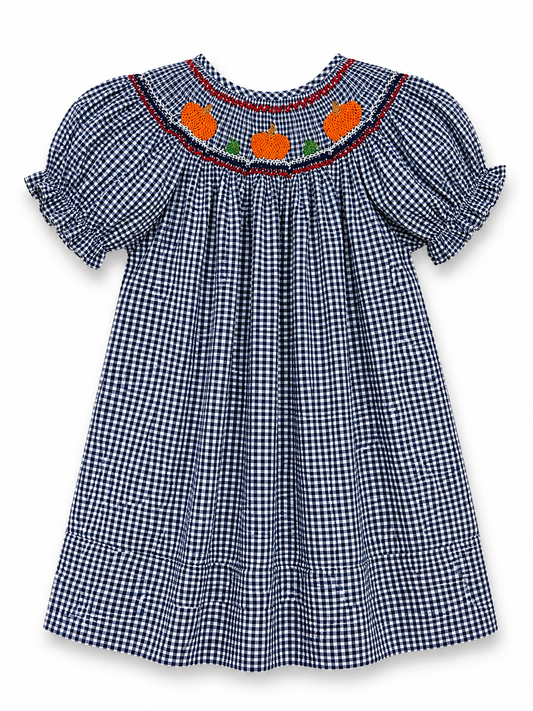 Pumpkin Smocked Navy Gingham Bishop Dress #10038A