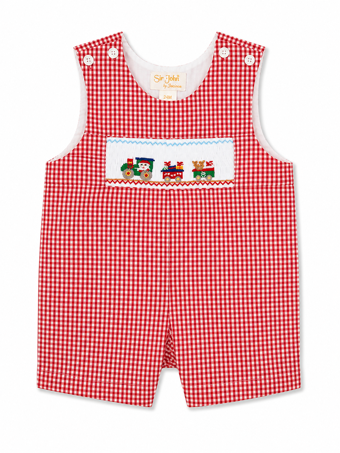 Christmas Train Smocked Red Gingham Boys’ Romper #10040R