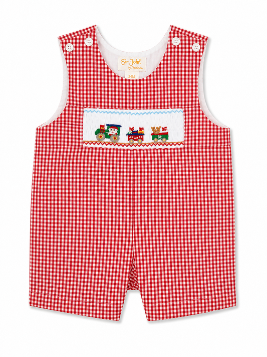 Christmas Train Smocked Red Gingham Boys’ Romper #10040R