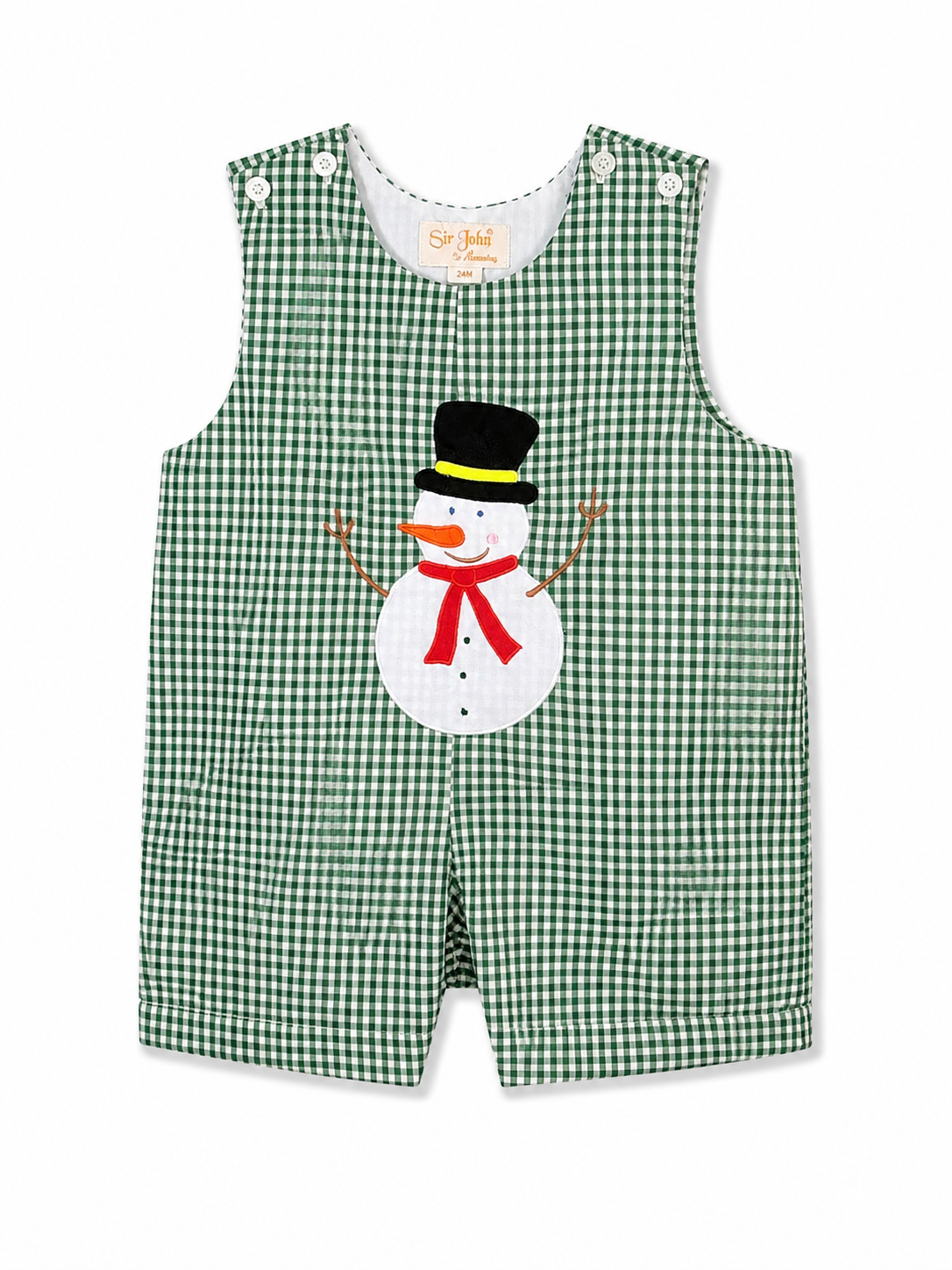 Christmas Snowman Appliqué Green Gingham Boys’ Romper #10042R