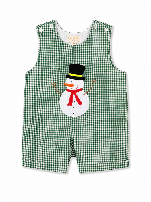 Christmas Snowman Appliqué Green Gingham Boys’ Romper #10042R