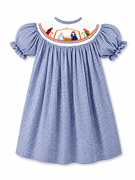 Bishop Nativity Smocked Navy Gingham Dress #10043A