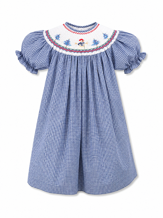 Christmas Snowman Smocked Navy Gingham Bishop Dress #10044A