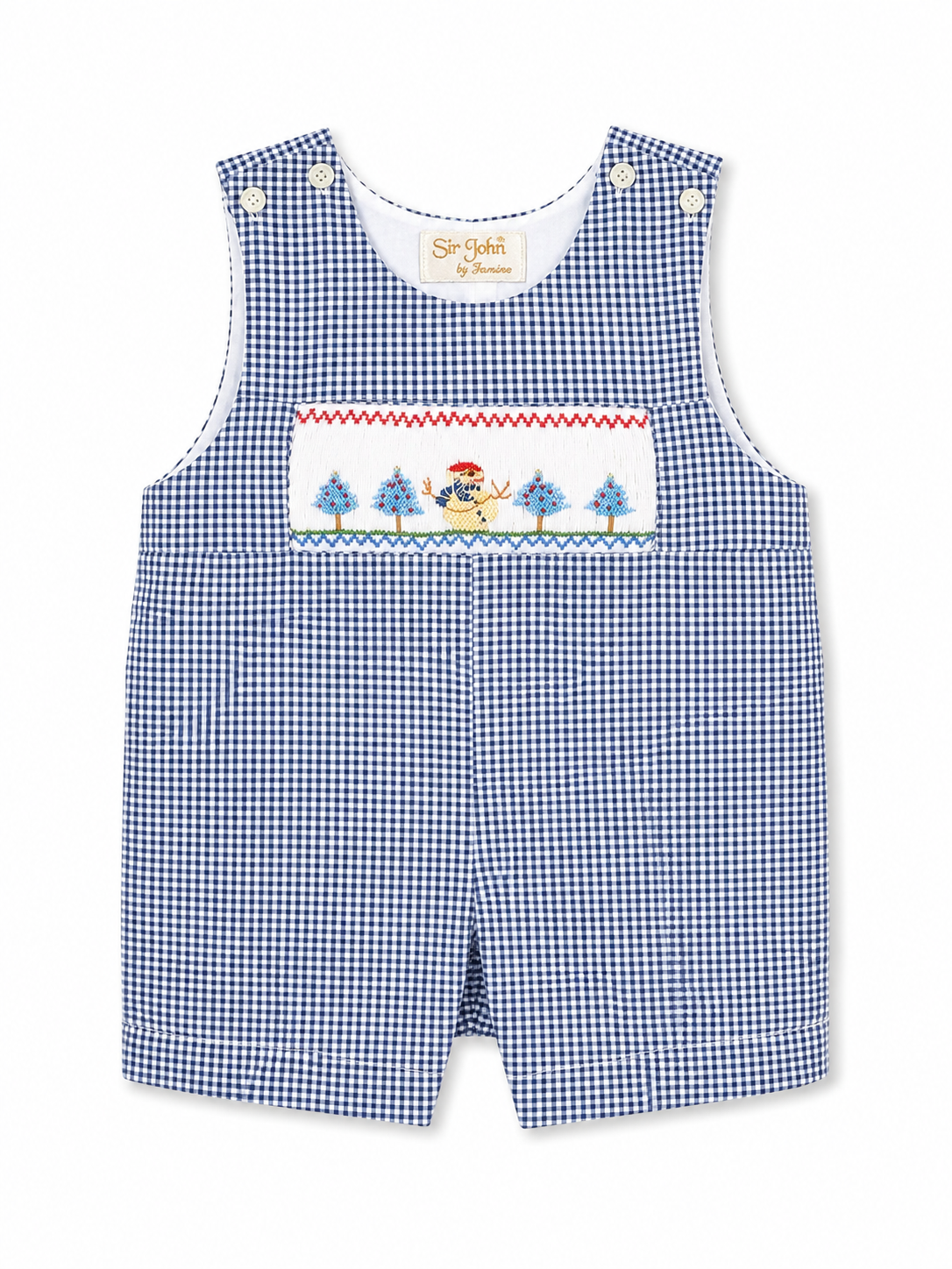 Christmas Snowman Smocked Navy Gingham Boys’ Romper #10044R