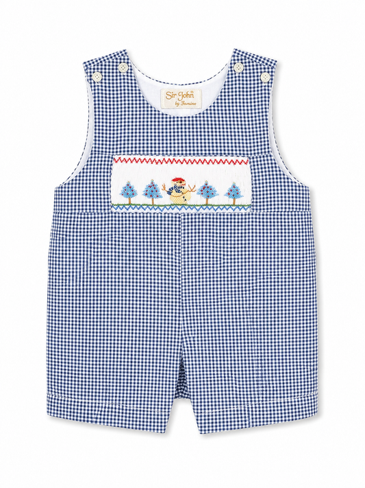 Christmas Snowman Smocked Navy Gingham Boys’ Romper #10044R