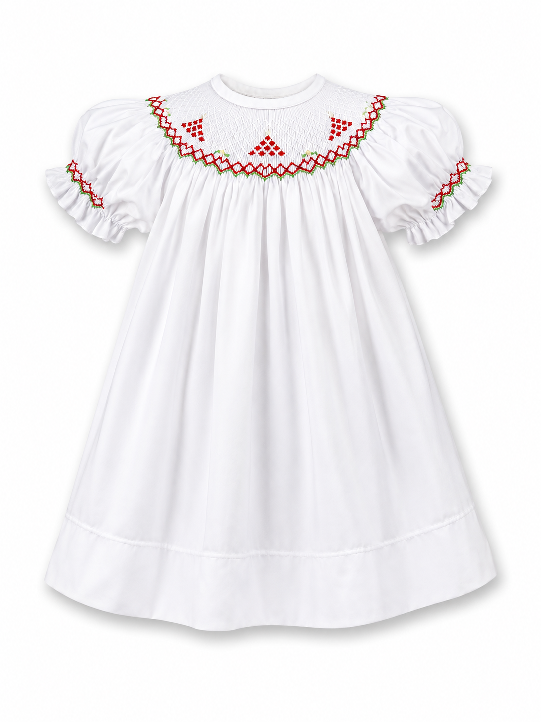 A white baby girl's smocked dress featuring puff sleeves, a smocked round neckline, and red and green embroidered geometric patterns around the collar and sleeve cuffs.