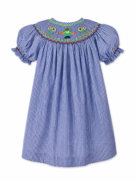 Scarecrow & Sunflower Smocked Navy Gingham Bishop Dress #10053A