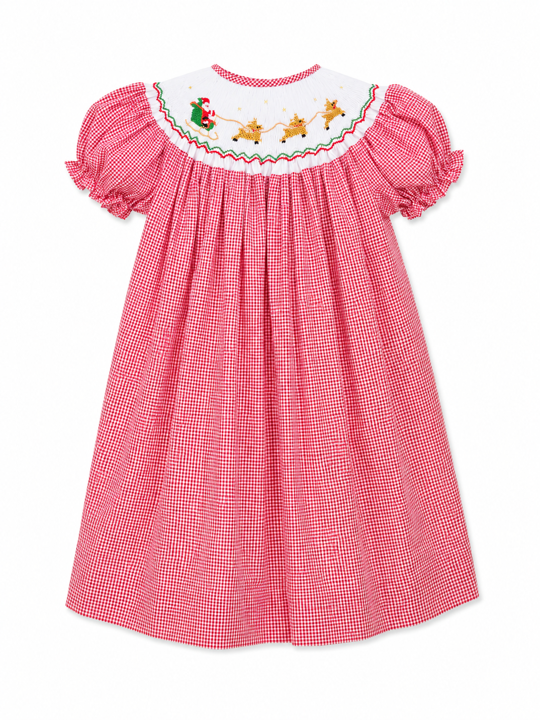 A pink and white gingham baby dress with a white embroidered yoke featuring Santa Claus and reindeer.