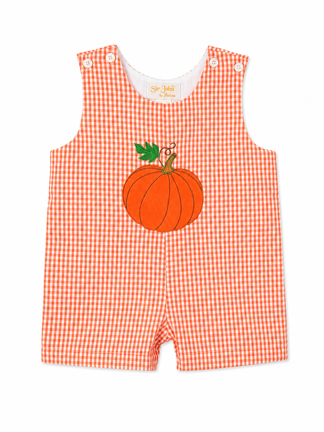 A baby romper in a orange and white gingham pattern, featuring an orange pumpkin applique on the chest with a green leaf and stem placed on gingham background.
