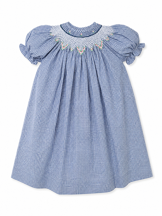 A blue and white gingham baby dress with puff sleeves, a smocked bodice, and delicate floral embroidery around the neckline, shown against a plain white background.