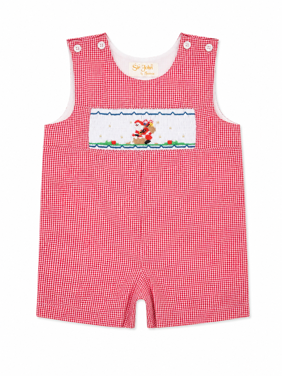 A baby boy's red and white gingham shortall romper with a white smocked chest panel featuring a Santa Claus on a chimney design on a white background.