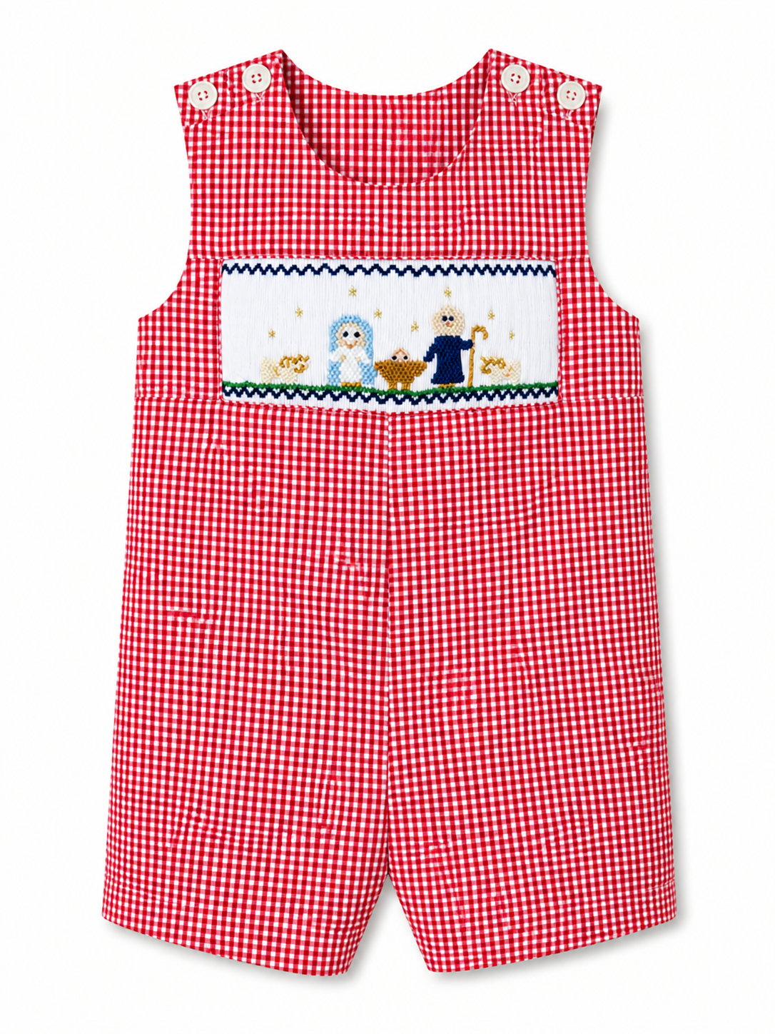A baby boy's red and white gingham romper with a smocked chest panel featuring a Nativity scene with baby Jesus, Mary, and Joseph.