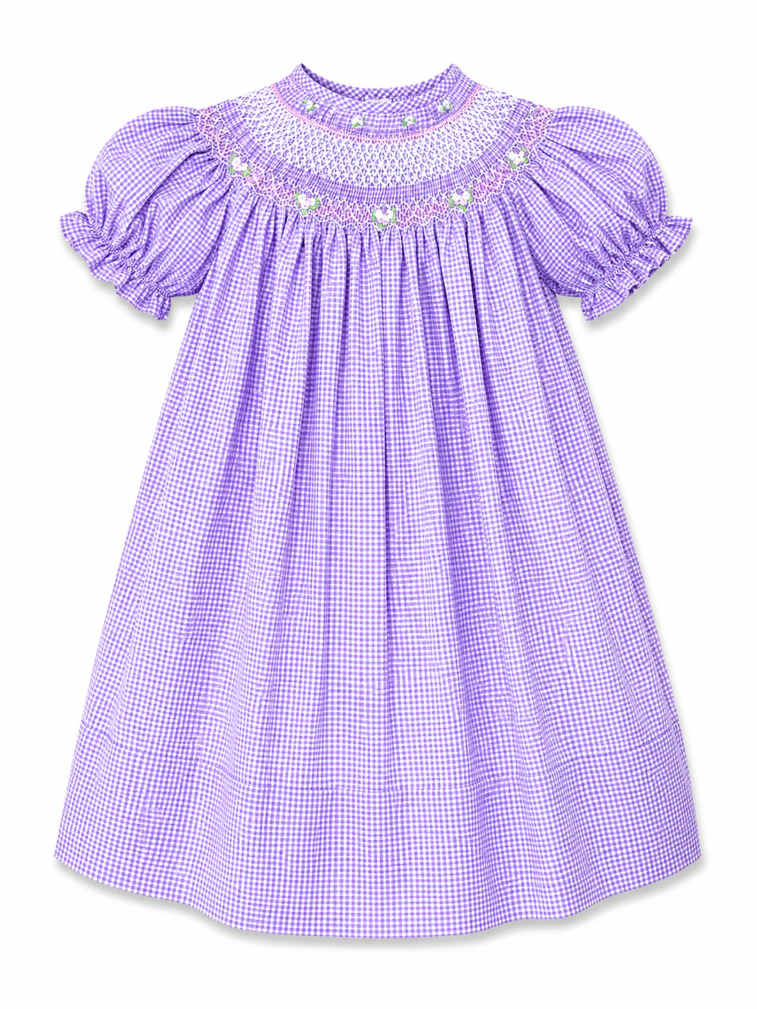 A lavender and white gingham baby dress with short puff sleeves, a smocked bodice, and embroidered pearl details around the neckline, shown against a plain white background.
